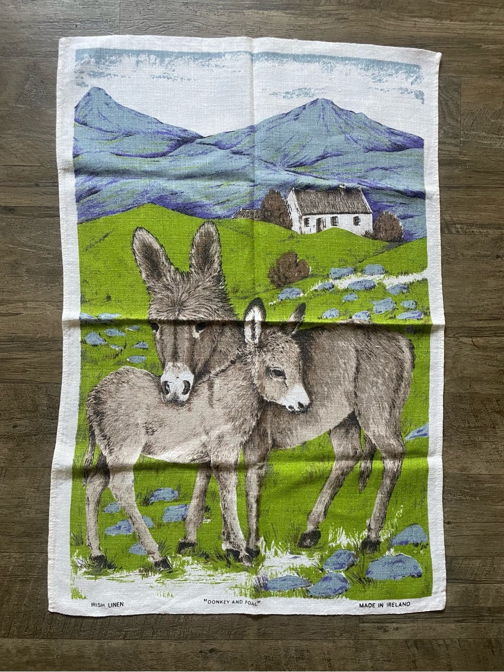 Vintage Irish Linen "Donkey and Foal" Kitchen Tea Towel Made in Ireland 18.5x28